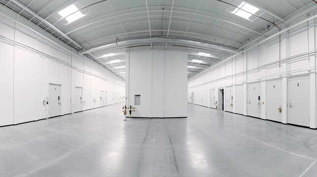Panorama of empty room of modern storehouse with gates. Generative Ai