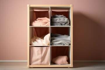 Organized Pastel Textiles in Light Wood Cube Storage Unit Against Blush Pink Wall