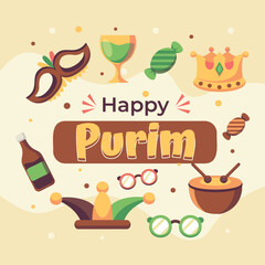 Happy purim day flat design greeting