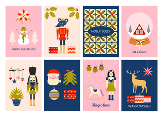 Nutcracker ballet, king Mouse. Set of modern vintage Christmas cards. New year greetings. Scandinavian holidays. Christmas tree, Santa, horse, balls, flowers, gifts, snowflakes. Winter fairy tale.