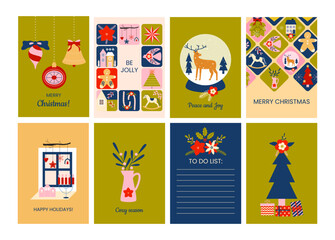 Modern vintage Merry Christmas cards. Set of New year greeting cards. Scandinavian winter holidays. Christmas tree, Santa, horse, balls, flowers, houses, gifts, snowflakes. Winter fairy tale.