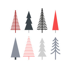 Set of modern Scandinavian Christmas trees. Happy New year. Winter holidays. Simple nordic style. Xmas mood.