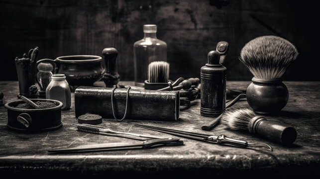 On a black dusty surface are old barber tools.