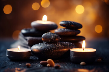 Obraz na płótnie Canvas Spa zen stones with burning candles on dark background. Zen and relaxation concept. Generative AI