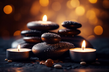 Obraz na płótnie Canvas Spa zen stones with burning candles on dark background. Zen and relaxation concept. Generative AI