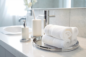 Obraz na płótnie Canvas Spa. Beauty. bathroom interior with towel. White towel on a sink close up. Generative AI