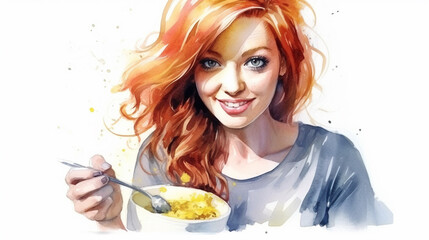 Beautiful young woman with a bowl of cereals. Watercolor illustration. Generative AI.