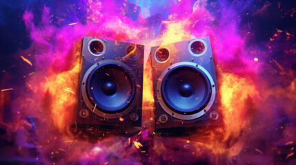 Music speakers in colored smoke and sparks