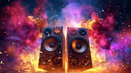 Music speakers in colored smoke and sparks
