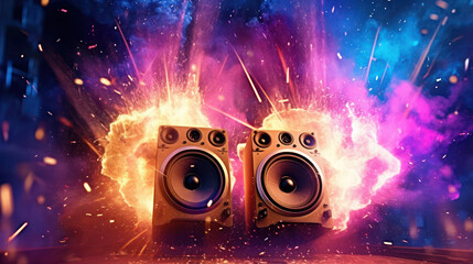Music speakers in colored smoke and sparks