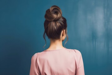 Elegant High Bun Hairstyle: Rear View of Woman in Pink Blouse against Teal Background