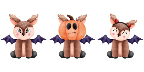 Whimsical watercolor halloween animal set.Cute reindeer, witch wings,halloween pumpkin and red deathly horns.
