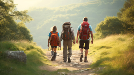 Obraz premium Family goes for a walk with hiking backpacks mountain