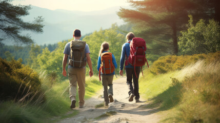 Fototapeta premium Family goes for a walk with hiking backpacks mountain