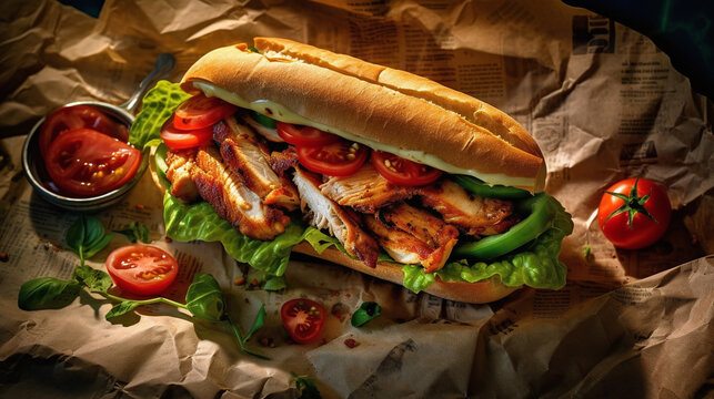 From Above Appetizing Sandwich With Grilled Chicken, Fresh Lettuce And Tomatoes Served On Baking Paper On Colorful Table Background Created With Generative AI Technology