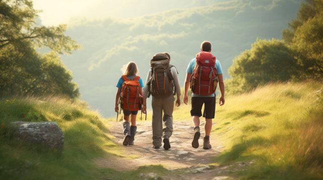 Family goes for a walk with hiking backpacks mountain