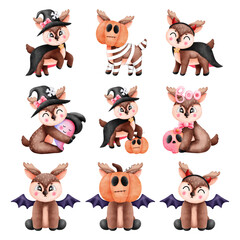 Spooky and cute halloween animal set.Reindeer,pumpkins,pink ghosts and skull,witch hat,purple bat wings,black cloak and red horns.