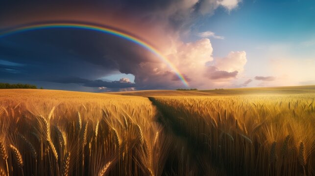 A field of golden wheat with a path to a rainbow with rain in the rays of the sunset and hills on the horizon. AI generation 