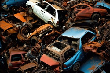 Rusting Car Graveyard: Aerial View of Crushed Auto Salvage