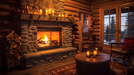 Warm and cozy fireplace in winter log cabin, christmas time, illustration. Generative AI - obrazy, fototapety, plakaty