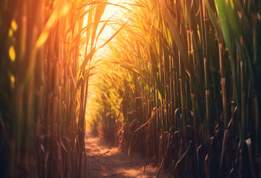 Sugar cane in plantation with sunlight. Generative AI