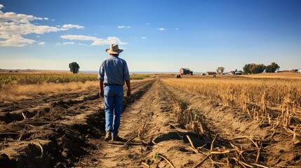 A rear photo of a farmer, standing in a large cornfield, generative AI