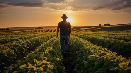 A rear photo of a farmer, standing in a large soybean field, generative AI - obrazy, fototapety, plakaty