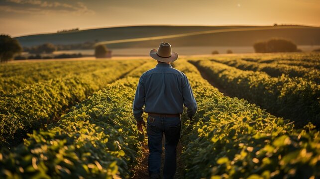 A rear photo of a farmer, standing in a large soybean field, generative AI