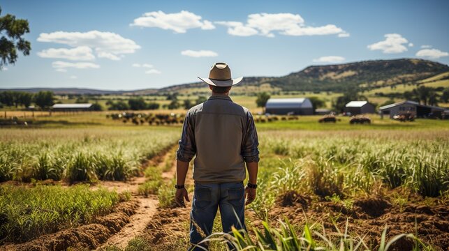 A rear photo of a farmer, standing in front of a cattle pasture, generative AI