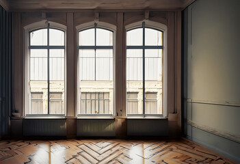 A photograph capturing a window in an empty room within an old apartment building