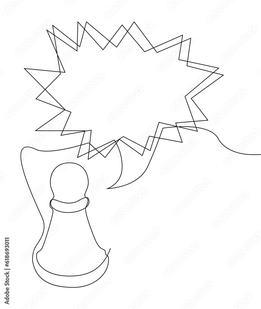 Poster one continuous line of speech bubble with pawn, chess piece. thin line illustration vector concept. 