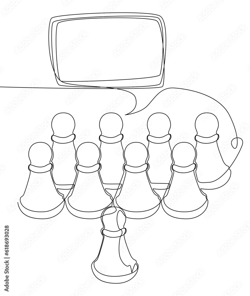 Poster one continuous line of speech bubble with pawn, chess piece. thin line illustration vector concept. 