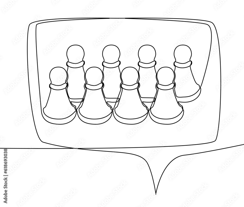 Poster one continuous line of speech bubble with pawn, chess piece. thin line illustration vector concept. 
