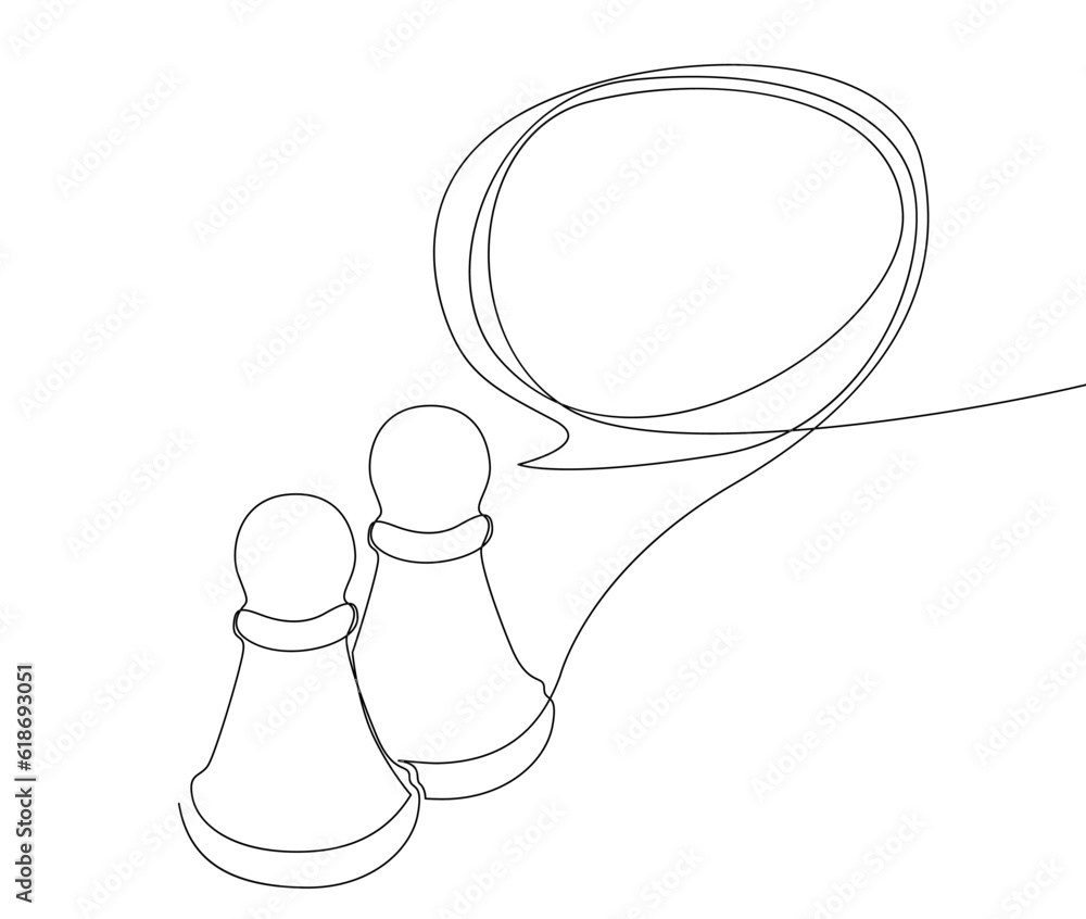 Poster one continuous line of speech bubble with pawn, chess piece. thin line illustration vector concept. 