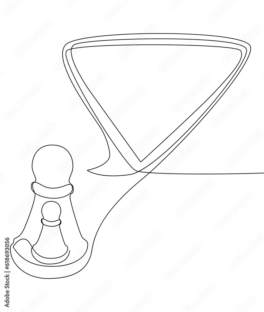 Poster one continuous line of speech bubble with pawn, chess piece. thin line illustration vector concept. 