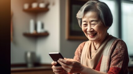 Senior Japanese women looking at smartphone screens with a smile.