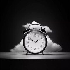 Alarm clock on fluffy white clouds on black background, time management, Relax time, Generative AI	