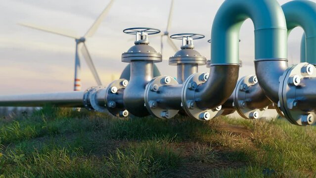 Hydrogen pipeline and hydrogen storage with wind turbines or wind mill farm, green power and environmental friendly concepts, 3d illustration rendering 