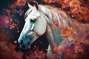 Image of a white horse surrounded by colorful tropical flowers on a clean background. Wildlife Animals. Illustration, Generative AI. - obrazy, fototapety, plakaty