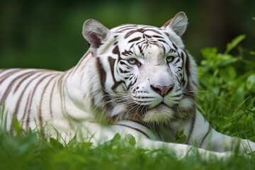 Plakat Image of white tiger resting on green pasture grass on summer. Wildlife Animals. Illustration. Generative AI.