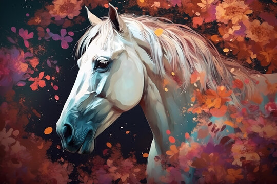 Image of a white horse surrounded by colorful tropical flowers on a clean background. Wildlife Animals. Illustration, Generative AI.