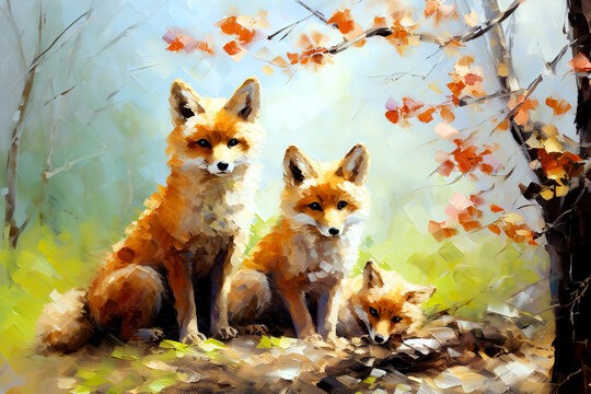 Beautiful painting of a family of foxs resting under the trees in the forest. Wildlife Animals. Illustration, Generative AI.