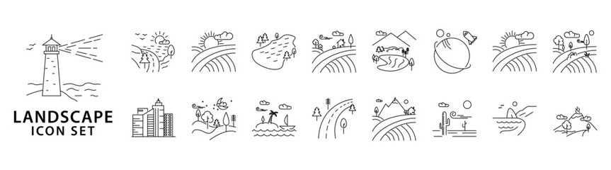 Landscape icon set. Landscape icons. Set icon of landscape. Vector illustration. Editable Stroke.