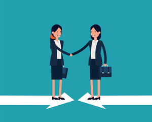 Fototapeta premium Business partnership shaking hands on opposite arrows. Vector illustration Agreement concept