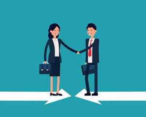 Fototapeta premium Business partnership shaking hands on opposite arrows. Vector illustration Agreement concept