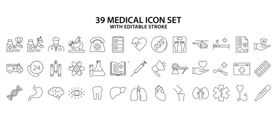 Medical icon set. Set of medical icons. Medical health icon set. Vector illustration. editable stroke.