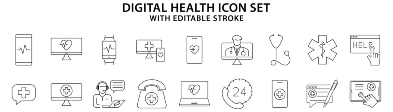 Digital Health Care Icons. Set Icon Of Digital Health Care. Vector Illustration. Editable Stroke.