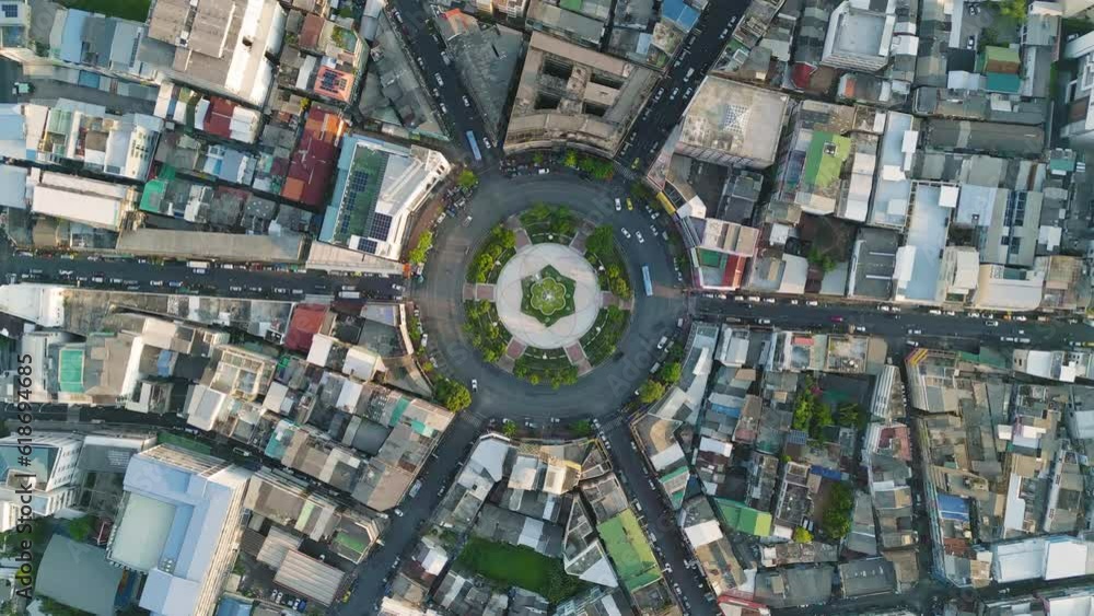 Poster wongwian yai roundabout. aerial view of highway junctions. roads shape circle in structure of archit