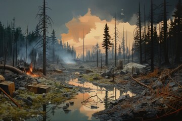 Ecosystem thresholds: Contemporary art portraying the critical tipping points in our environment, where irreversible damage occurs. A visual representation of the delicate balance Generative AI