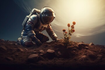 An astronaut delicately plants a seedling on a exoplanet , symbolizing the ambition of humanity in space exploration and establishing new frontiers. - obrazy, fototapety, plakaty